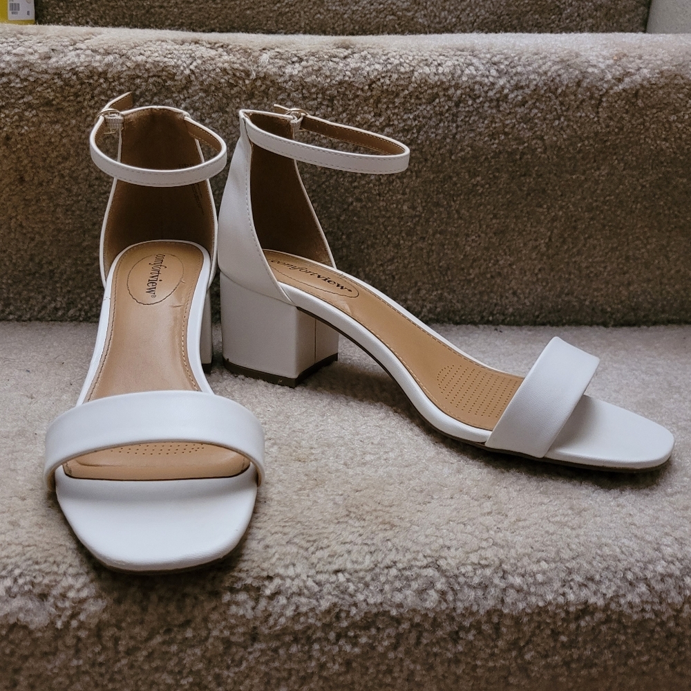 White Block Kitten Heel Sandals
